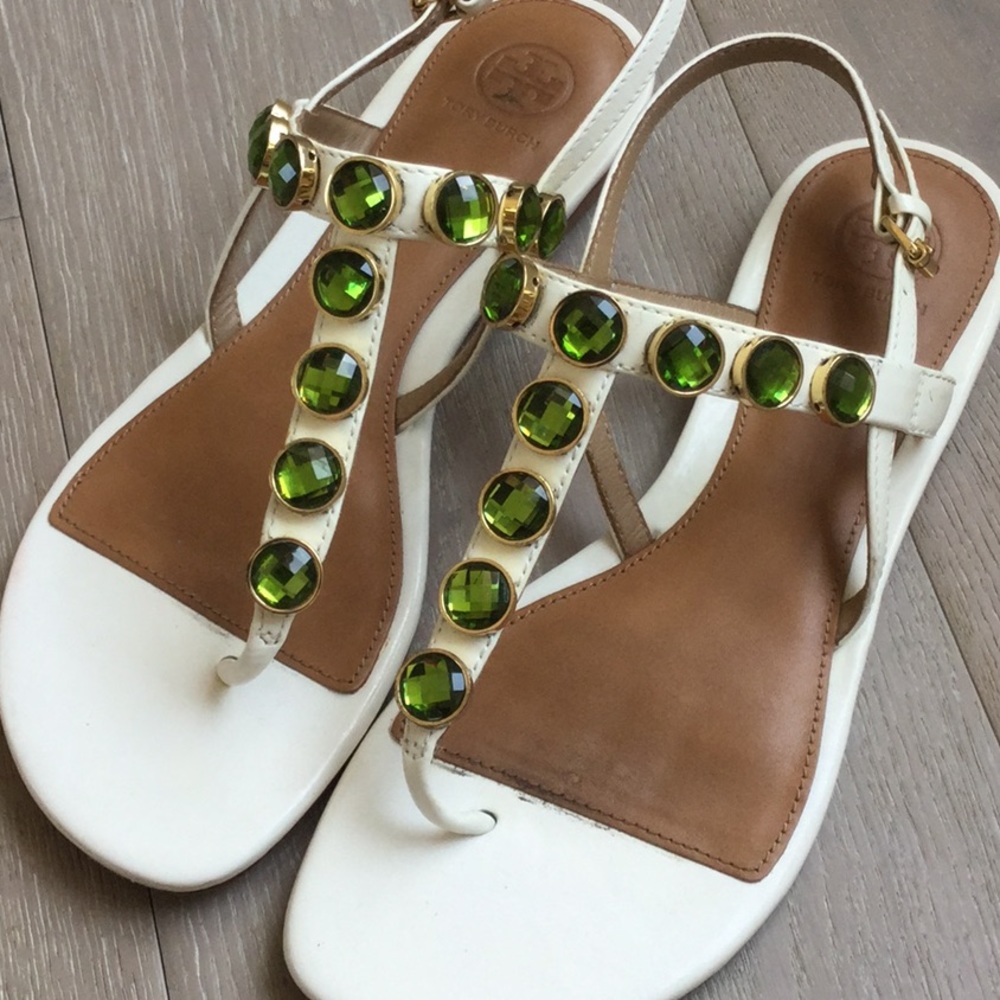 Tory Burch White Sandals with Green Accents